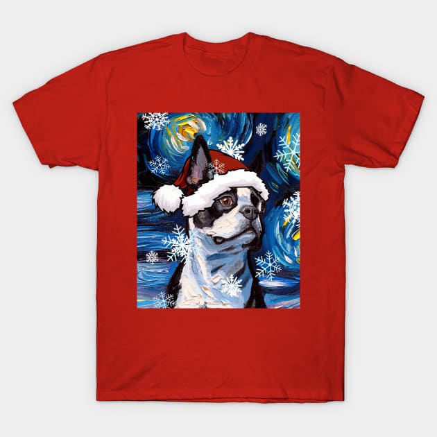 Boston Terrier Santa T-Shirt by sagittariusgallery